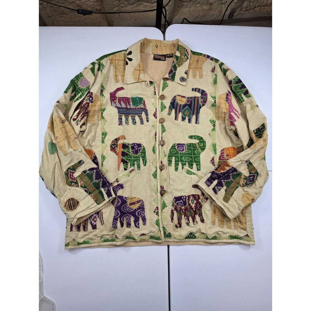 Vintage Elephant Applique' Jacket 90s Patchwork Krinkle Boho Women's Size 2XL